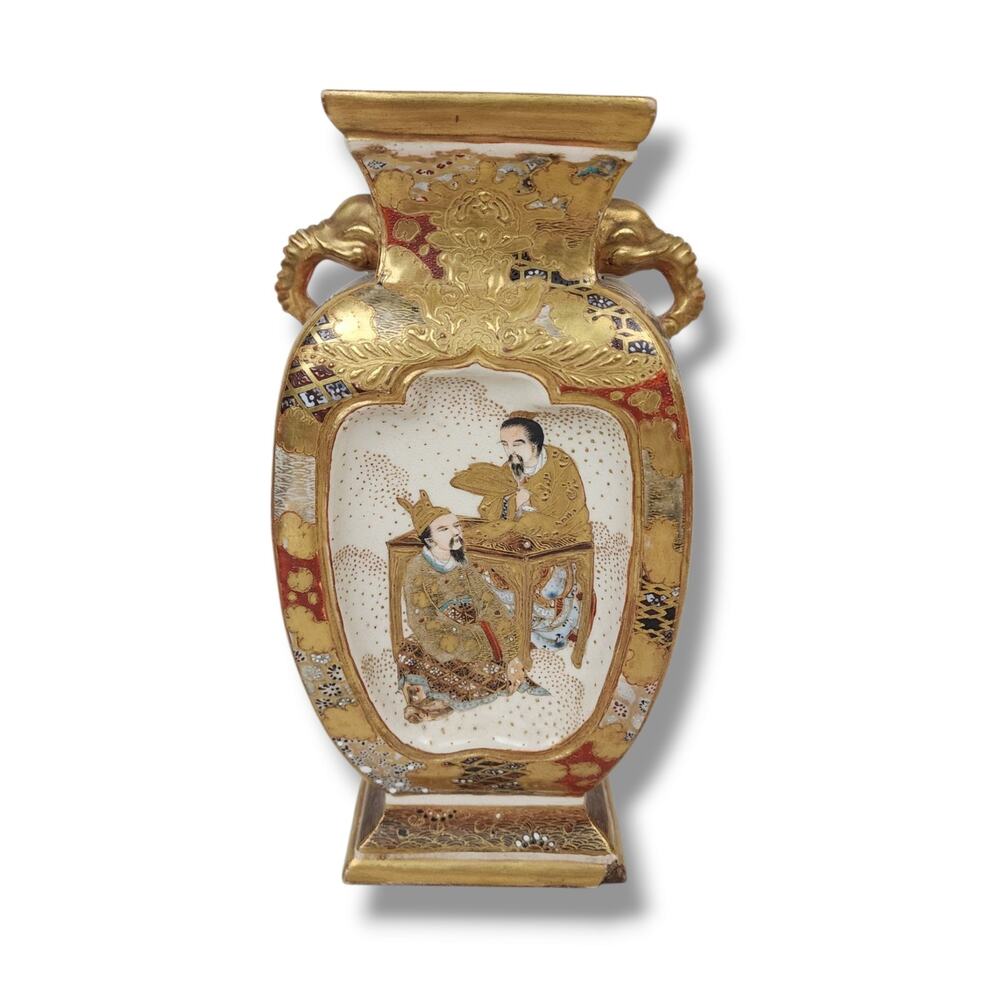 Japanese Satsuma Meiji Porcelain Vase Gold Gilt 8.5" Square Samurai Warriors